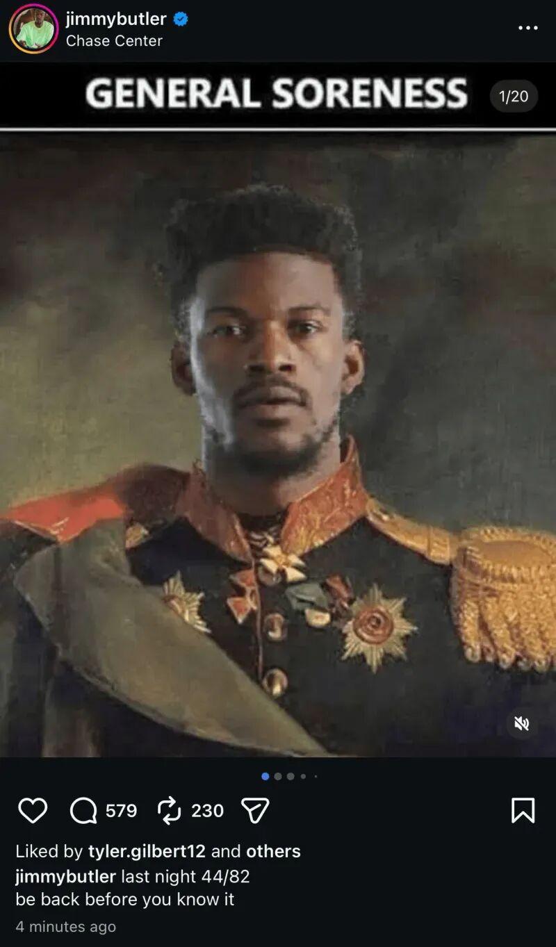 澳客官方网站-一图流|巴特勒赛季报销心情不错，晒图自嘲：酸痛将军！